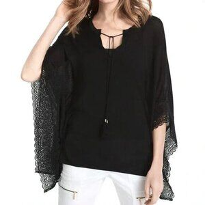 NEW $98 White House Black Market Size Medium Black Poncho Lace Trim Boho